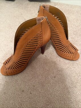 Vince Camuto Woven Open-Toe Heeled Booties in Cognac